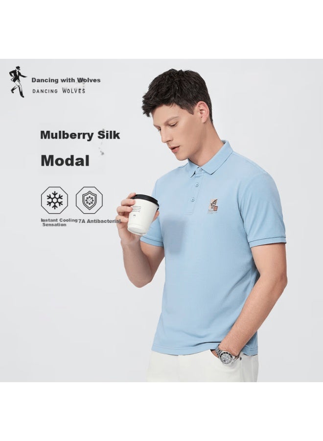 Dancing Wolves Antibacterial Cooling Mulberry Silk Blend Polo Shirt Men Summer Tiger Head Embroidered Short Sleeve Top Gray Blue XL - Image 1