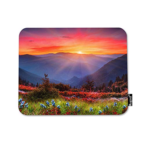 Mugod Mountain Nature Mouse Pad Rocky Mountain Sunset Sunshine Red Blue Flowers Mouse Mat Non-Slip Rubber Base Mousepad for Computer Laptop PC Gaming Working Office & Home 9.5x7.9 Inch - Image 1