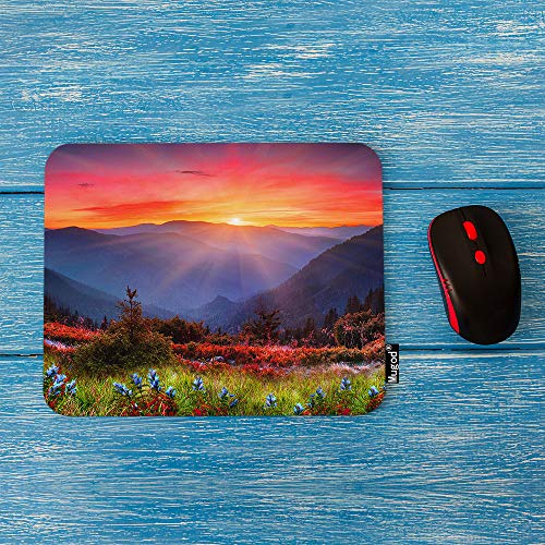 Mugod Mountain Nature Mouse Pad Rocky Mountain Sunset Sunshine Red Blue Flowers Mouse Mat Non-Slip Rubber Base Mousepad for Computer Laptop PC Gaming Working Office & Home 9.5x7.9 Inch - Image 2