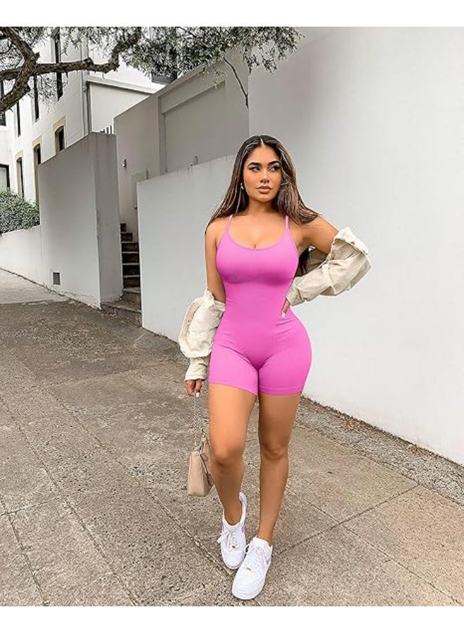 YIOIOIO Women Workout Seamless Jumpsuit Yoga Ribbed Bodycon One Piece Spaghetti Strap Shorts Romper - Image 4