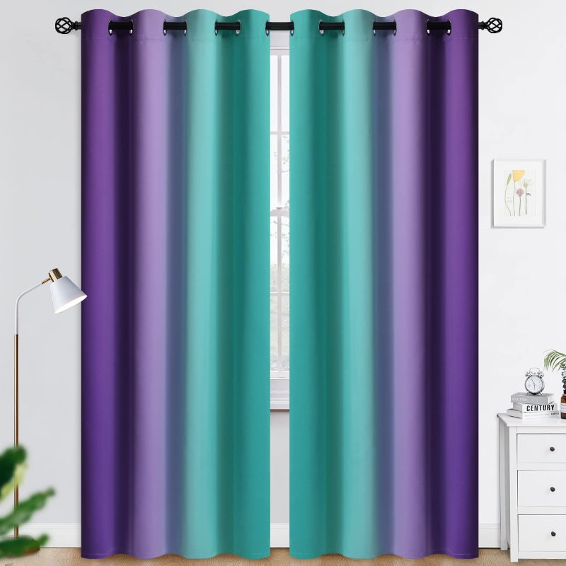 COSVIYA Grommet Ombre Room Darkening Curtains 84 inches Length for Living Room Polyester Light Blocking Teal and Purple Gradient Window DrapesCurtains for KidsGirls Bedroom2 Panels 52x84inches