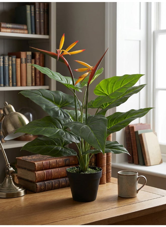 Noon East Paradise Birds 55cm Tall Artificial Plant with Pot | Desk Plant with Lifelike Design & Texture - Green Leaves & Orange Flower | Decorative Natural Texture Plant for Home, Living Room, Study & Office spaces - Image 1