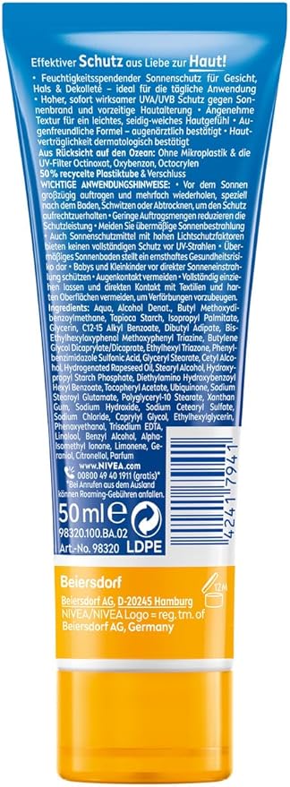 Nivea NIVEA Sun Protection Care Face Sun Cream with SPF 30 50 ml Instant Sun Protection for Face Neck Dcollet Sun Cream with 24Hour Moisturiser 