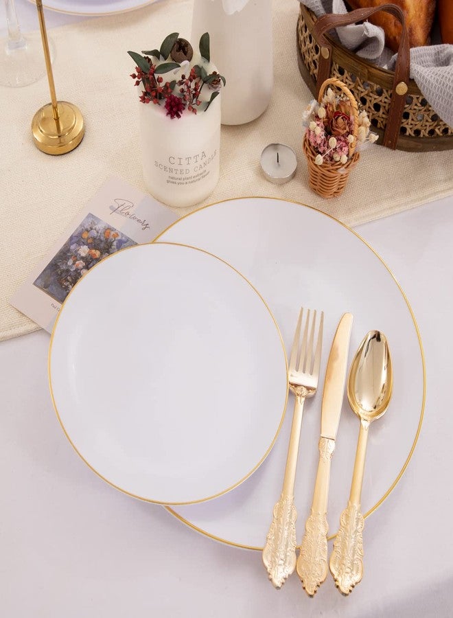 KIRE 100PCS Disposable Plates - White with Gold Rim for Party/Wedding - Includes 50Pieces 10.25inch Dinner and 50Pieces 7.5inch Dessert/Salad Plates - Image 5
