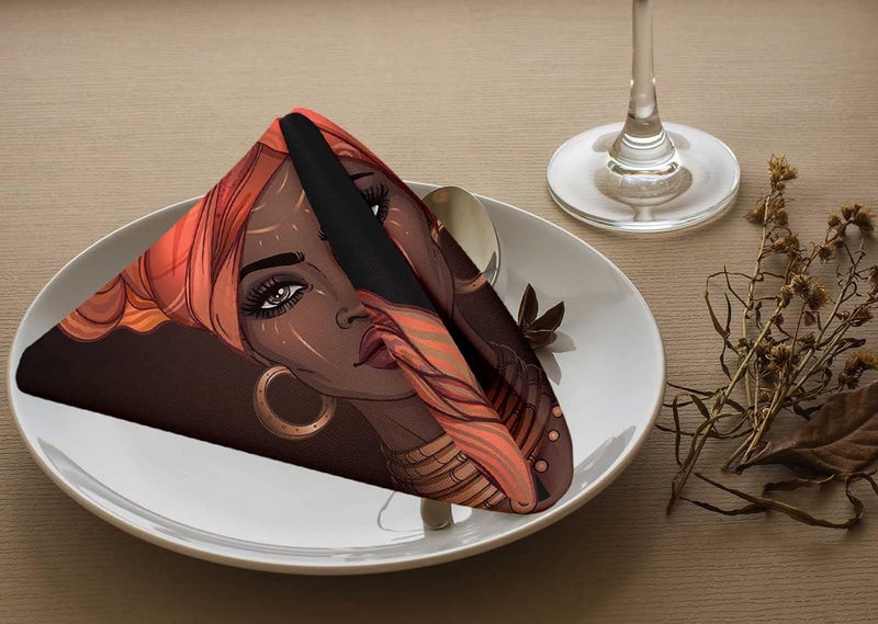 Yibeas African American Pretty Girl Cloth Napkins Set of 4 Black Woman with Glossy Lips and Turban Polyester Kitchen Dinner Napkins for Holiday Festive Wedding Decor 18 x 18 inch - Image 3
