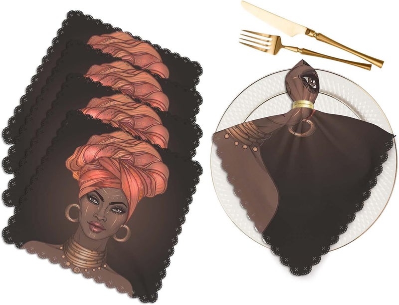 Yibeas African American Pretty Girl Cloth Napkins Set of 4 Black Woman with Glossy Lips and Turban Polyester Kitchen Dinner Napkins for Holiday Festive Wedding Decor 18 x 18 inch - Image 1
