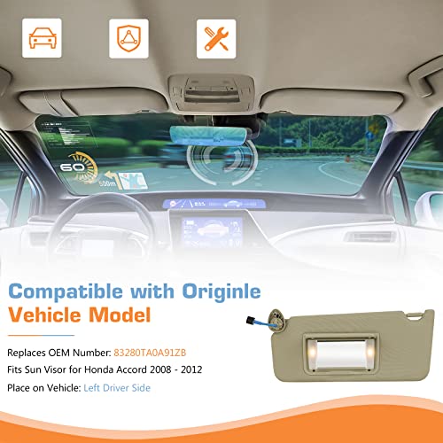 Hurotoms Sun Visor for 2008-2017 Honda Accord, Beige Left Driver Side Sunvisor with Mirror & Light, Replacement 83280TA0A91ZB - Image 2