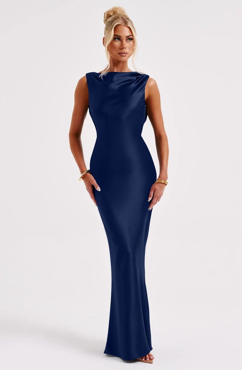 Memoriesea Women's Satin Elegant Sleeveless High Neck Tie Cocktail Party Maxi Dress Dark Navy - Image 2