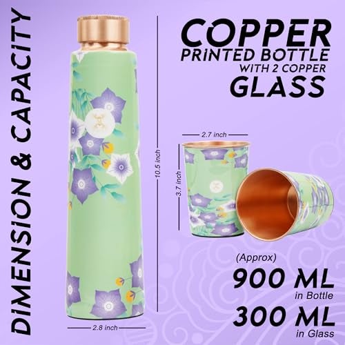 MERCAPE® - Pure Copper Water Bottle and Glass Ample Flower Printed Design, Joint Less, Advanced Leak Proof Protection, Ayurveda and Yoga Health Benefits with (2 Glass x 250 Ml) (900 Ml Bottle) - Image 3