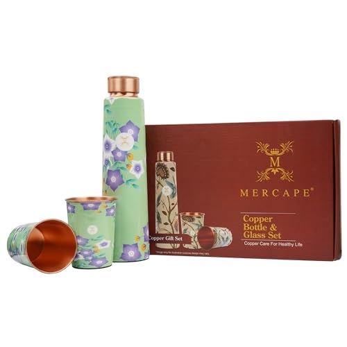 MERCAPE® - Pure Copper Water Bottle and Glass Ample Flower Printed Design, Joint Less, Advanced Leak Proof Protection, Ayurveda and Yoga Health Benefits with (2 Glass x 250 Ml) (900 Ml Bottle) - Image 1