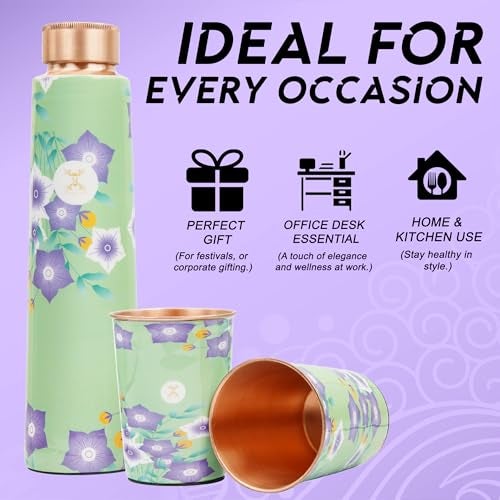 MERCAPE® - Pure Copper Water Bottle and Glass Ample Flower Printed Design, Joint Less, Advanced Leak Proof Protection, Ayurveda and Yoga Health Benefits with (2 Glass x 250 Ml) (900 Ml Bottle) - Image 4
