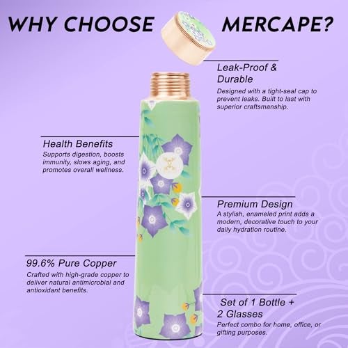 MERCAPE® - Pure Copper Water Bottle and Glass Ample Flower Printed Design, Joint Less, Advanced Leak Proof Protection, Ayurveda and Yoga Health Benefits with (2 Glass x 250 Ml) (900 Ml Bottle) - Image 5