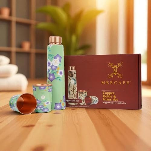 MERCAPE® - Pure Copper Water Bottle and Glass Ample Flower Printed Design, Joint Less, Advanced Leak Proof Protection, Ayurveda and Yoga Health Benefits with (2 Glass x 250 Ml) (900 Ml Bottle) - Image 2