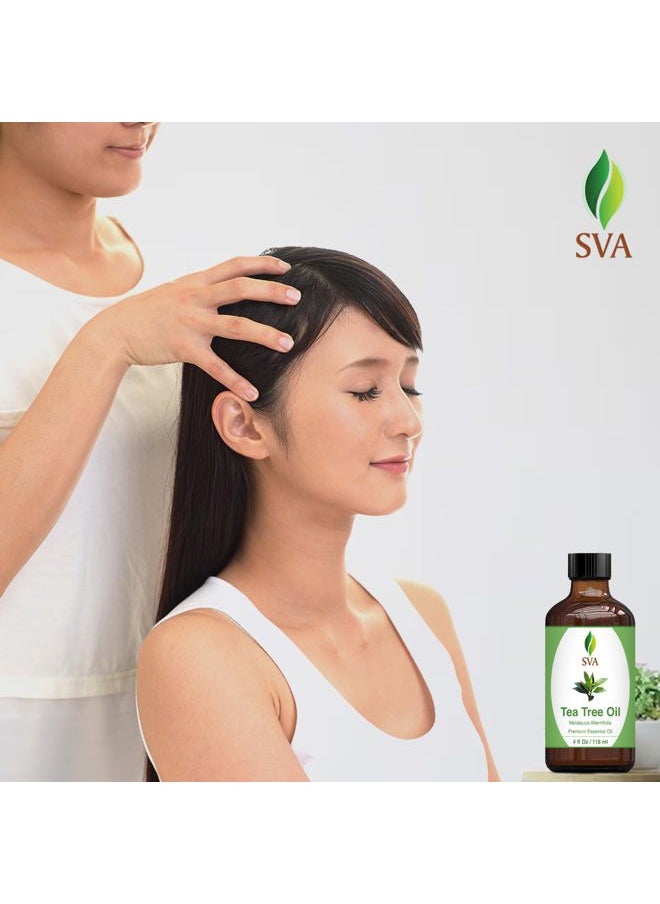 SVA Organics - SVA Tea Tree Essential Oil – 4 Fl Oz – 100% Natural Tea Tree Oil - for Diffuser, Hair Care, Face, Skin Care, Aromatherapy, Scalp and Body Massage, Soap and Candle Making – with Dropper - Image 1