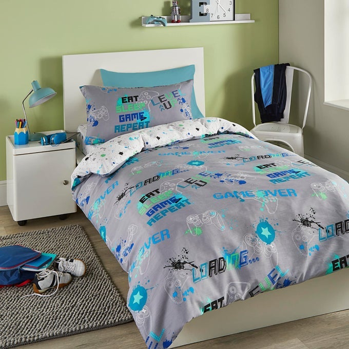 GREY GAMING DUVET COVER SINGLE 200 X 140CM REVERSIBLE 2 DESIGNS GLOWS IN DARK