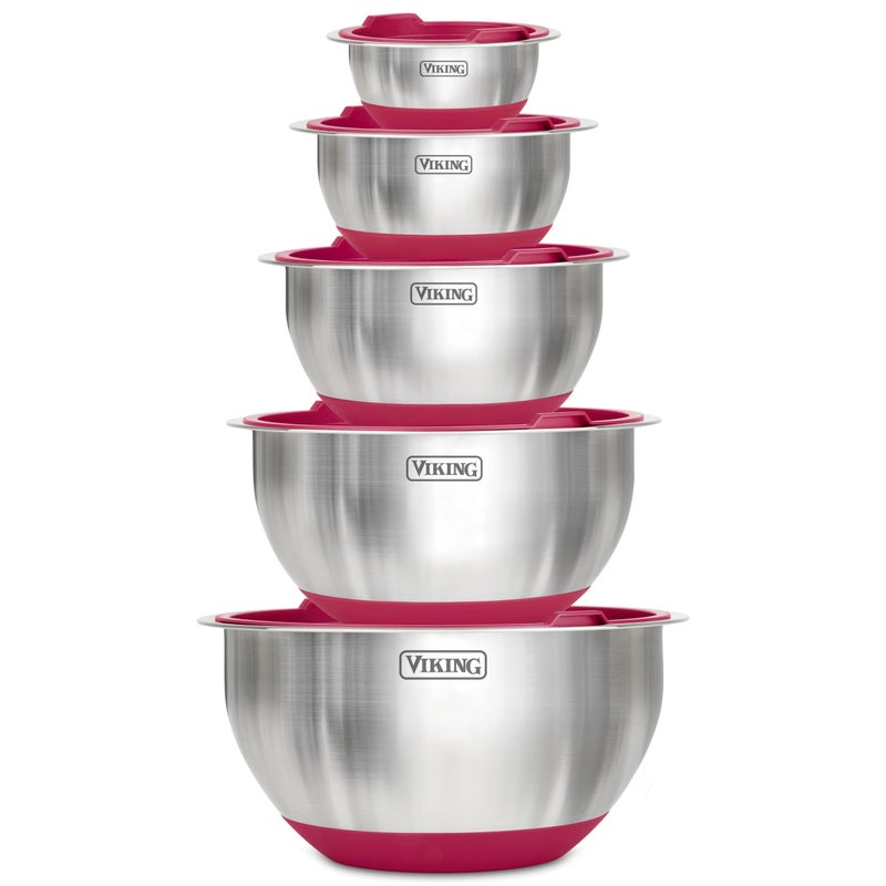 Viking Viking Mixing Bowls Set 10 Piece Stainless Steel Kitchen Cookware NonSlip Silicone Base Includes Airtight Lids Dishwasher Safe Red 