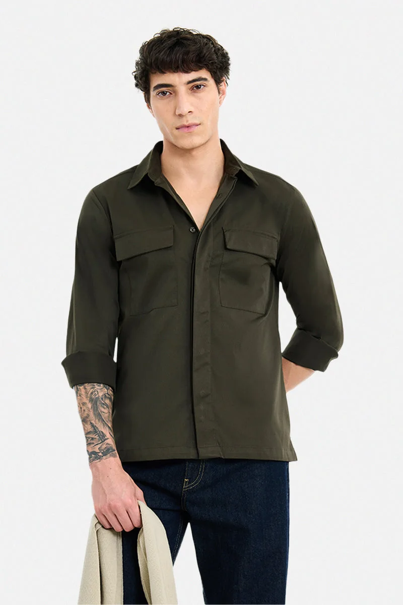 سنيتش Olive Solid Long Sleeve Regular Fit Shirt