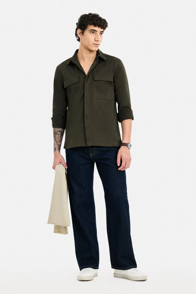 سنيتش Olive Solid Long Sleeve Regular Fit Shirt