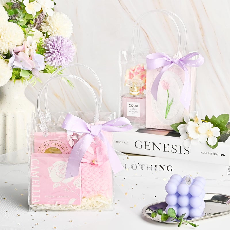 Ohuimrt 50 PCS Clear Plastic Gift Bags with Handles, 5.9 x 6.3 x 2.8 Inches Reusable Party Favor Bags with Ribbon Transparent Gift Wrap Bags Bulk for Weddings Birthdays - Image 5
