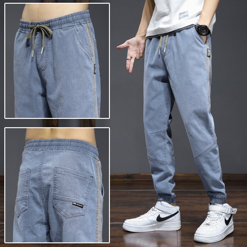 Thin Jeans Boys Trendy Brand ins Summer Loose All-match Stitching Legs Nine-point Drawstring Casual Overalls - Image 1
