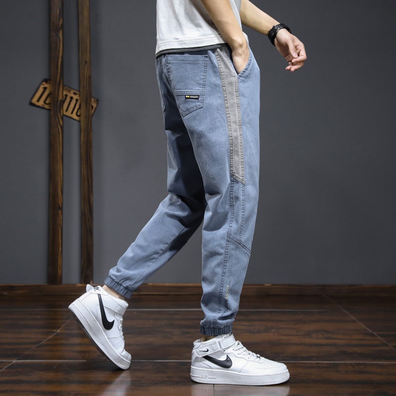 Thin Jeans Boys Trendy Brand ins Summer Loose All-match Stitching Legs Nine-point Drawstring Casual Overalls - Image 3