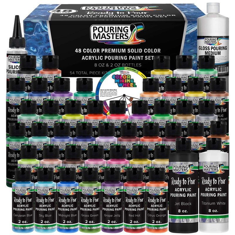 Pouring Masters 48Color ReadytoPour Acrylic Pouring Paint Set Premium PreMixed Silicone Oil Gloss Medium 2 oz 8 oz Bottles for Canvas Wood Crafts
