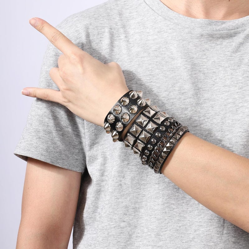 Mafnee Store Mens Bracelet Braided Leather Punk Rock Cuff Bracelets Wrap Bracelet for Men Women Black - Image 4