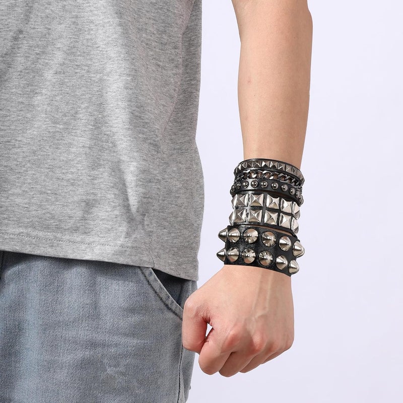 Mafnee Store Mens Bracelet Braided Leather Punk Rock Cuff Bracelets Wrap Bracelet for Men Women Black - Image 3