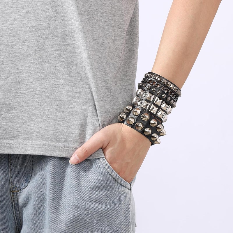 Mafnee Store Mens Bracelet Braided Leather Punk Rock Cuff Bracelets Wrap Bracelet for Men Women Black - Image 2
