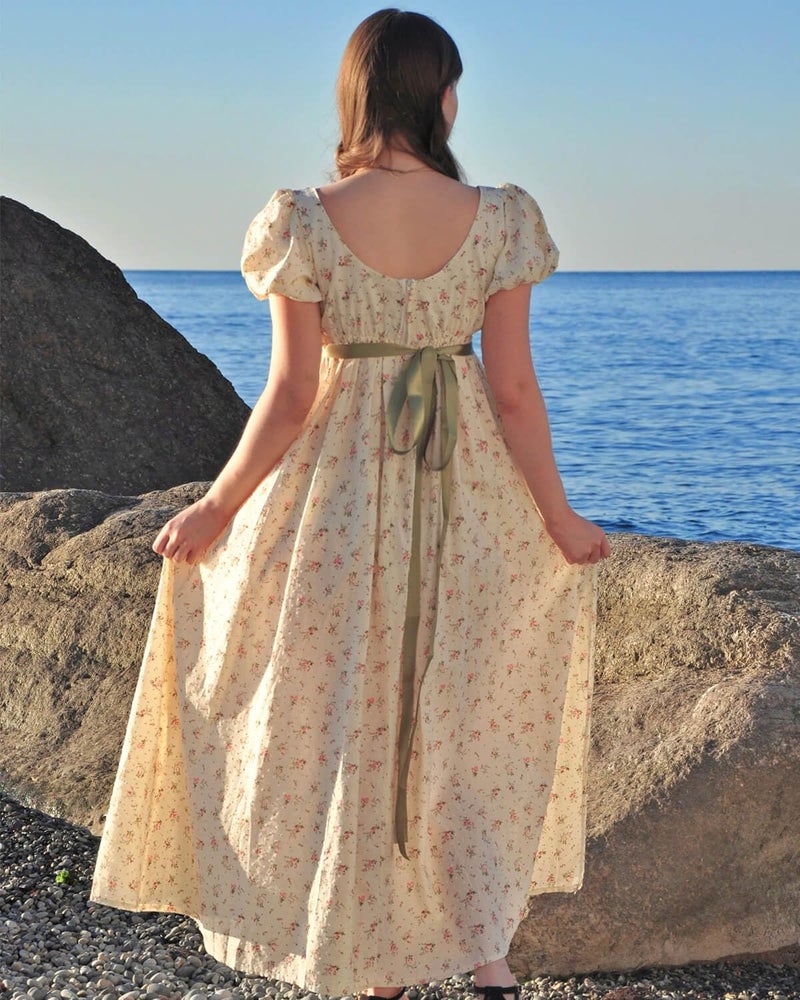 Nuoqi Regency Dresses for Women Long Floral Regency Era Dress Empire Waist Tea Party Dress M, Yellow - Image 3