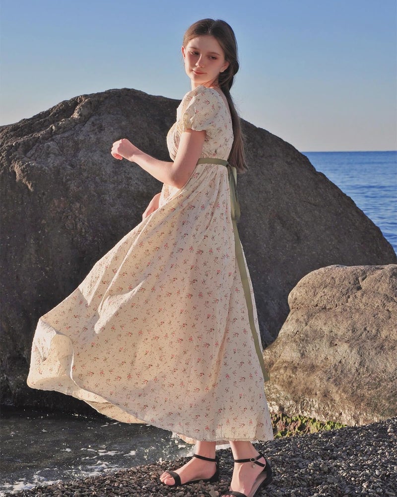 Nuoqi Regency Dresses for Women Long Floral Regency Era Dress Empire Waist Tea Party Dress M, Yellow - Image 4