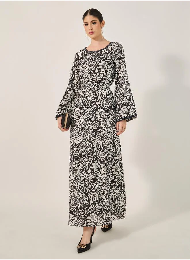 Styli Textured All-Over Print Round Neck A-Line Jalabyia