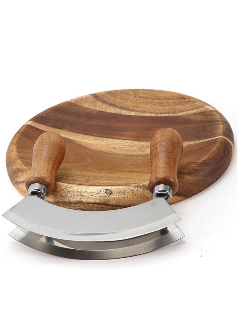 Double Blade Chopping Knife with Round Cutting Board, Stainless Steel Mezzaluna Pizza Cutter Rocker Knife, Salad Chopper and Mincing Knife Set  - Image 5