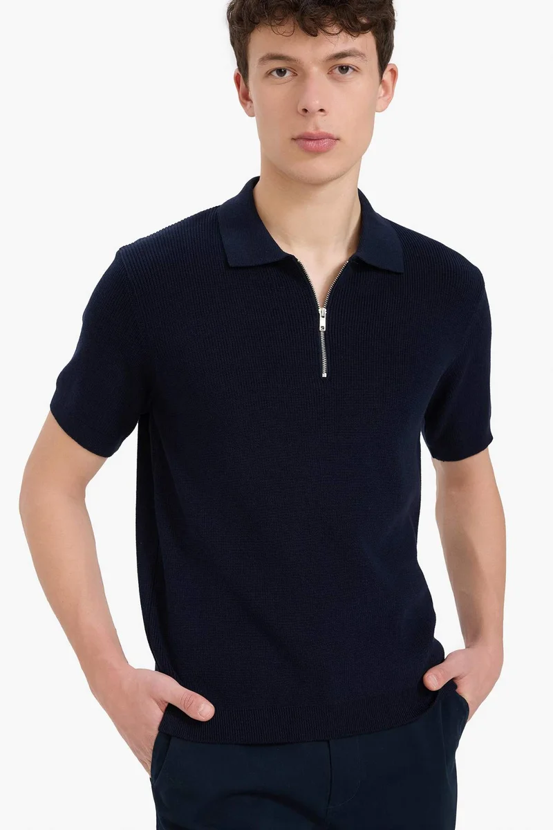 DeFacto Standard Fit Half Zipper Short Sleeve Knit Polo T-Shirt