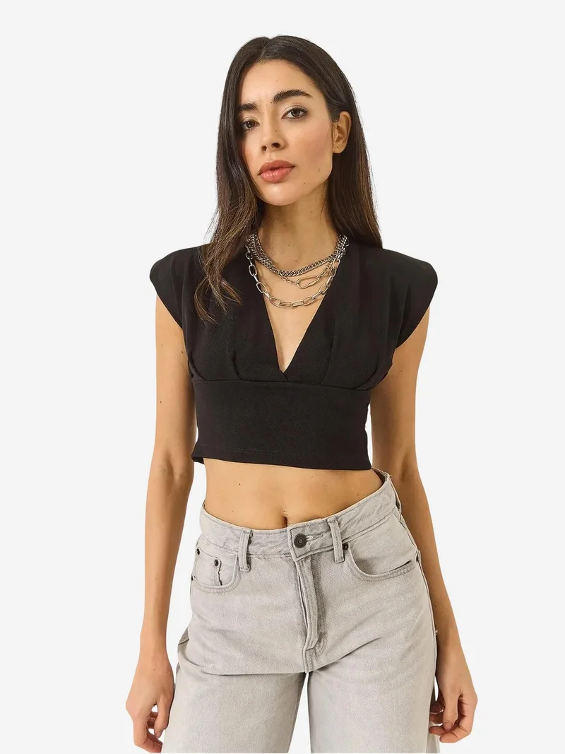 Bianco Lucci Black LUCCI Slim Fit V-Neck Knitted Crop Blouse for Women | Best Price UAE