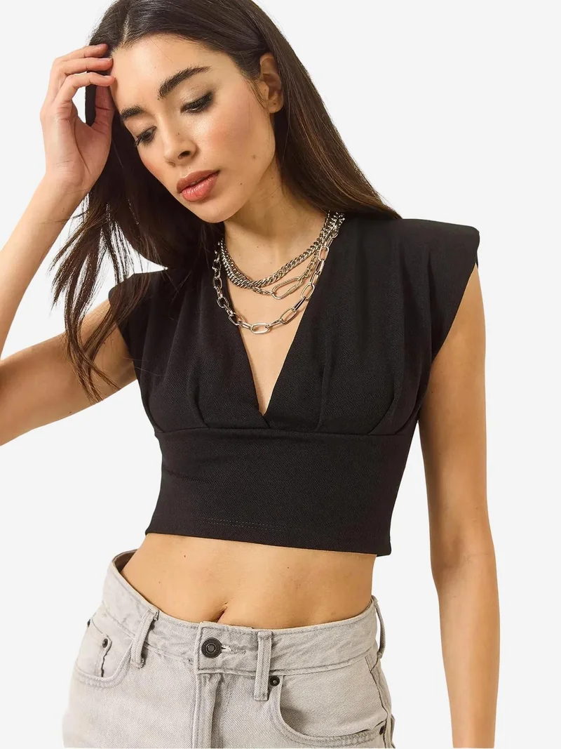 Bianco Lucci Black LUCCI Slim Fit V-Neck Knitted Crop Blouse for Women | Best Price UAE