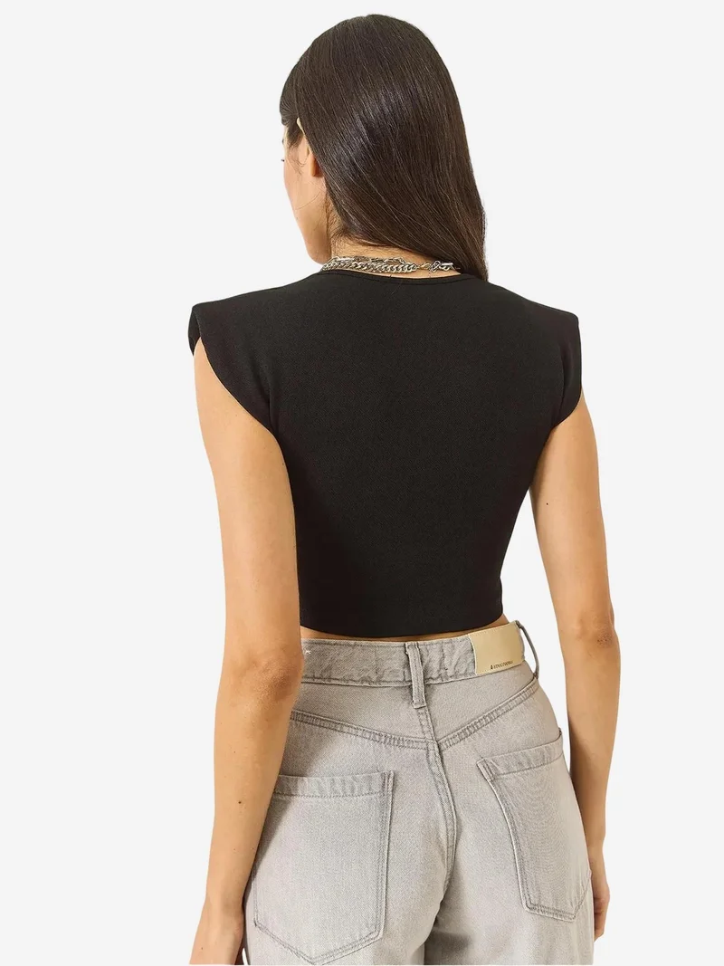 Bianco Lucci Black LUCCI Slim Fit V-Neck Knitted Crop Blouse for Women | Best Price UAE