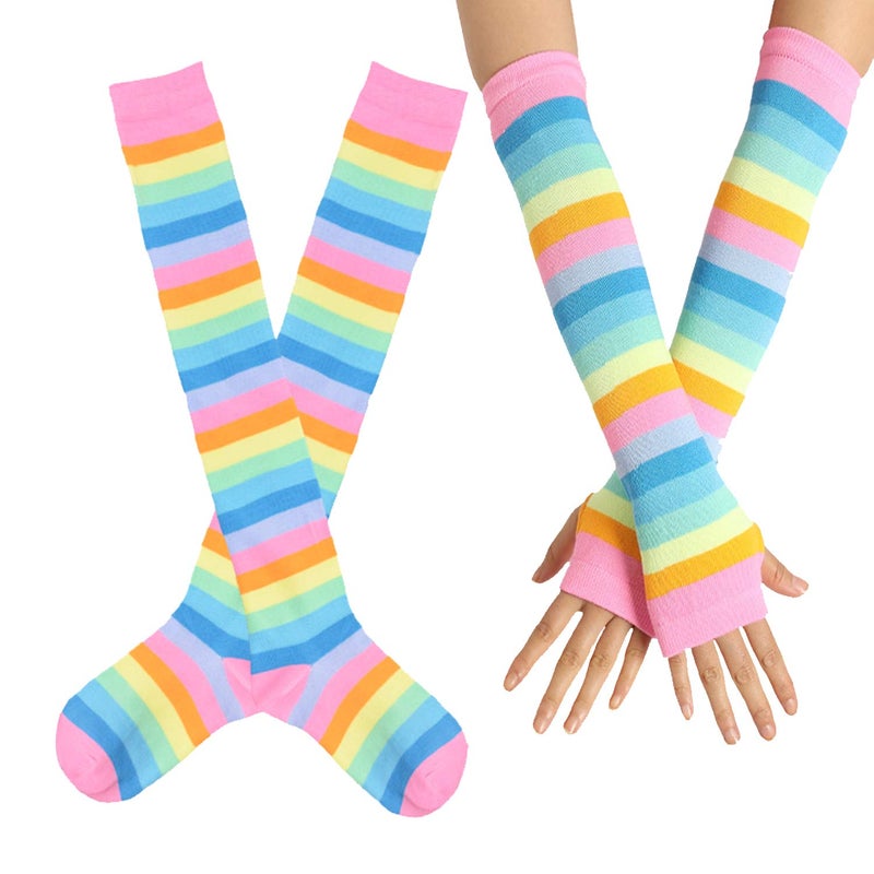 SherryDC Womens Girls Cosplay Rainbow Striped Knee High Socks Leg Arm Warmer Fingerless Gloves Set - Image 1