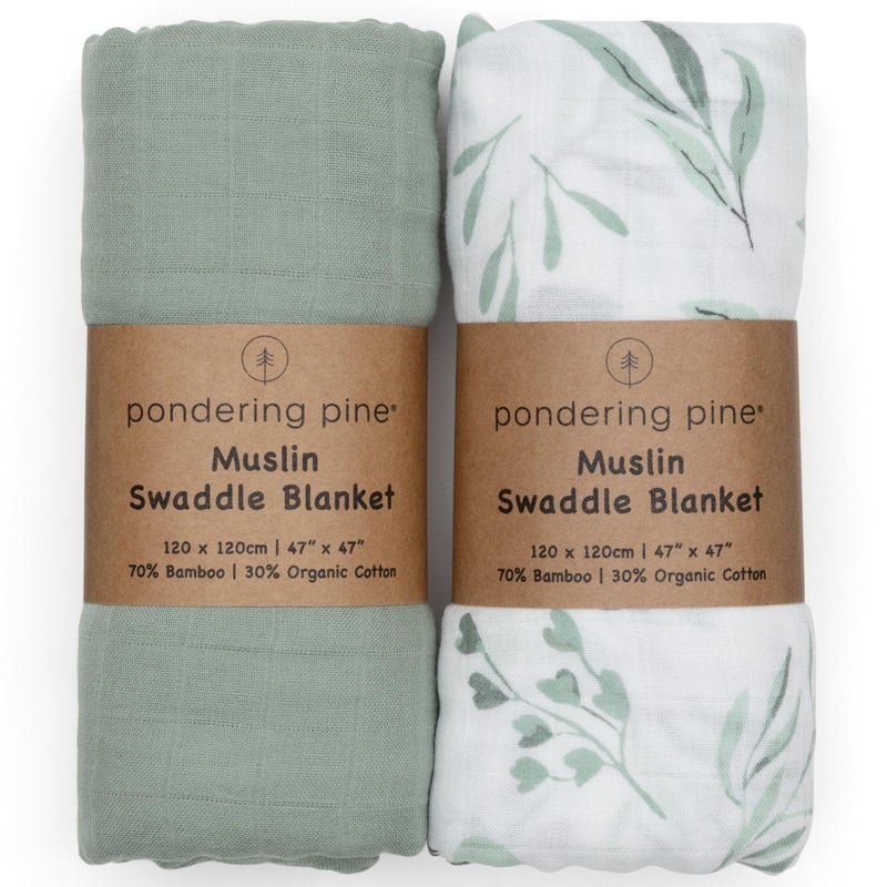 Pondering Pine Organic Baby Muslin Swaddle Blankets for Boy or Girl - Eucalyptus Leaves and Sage Swaddling Blanket 2 Pack - Soft Muslin, XLarge and Breathable, Boho Baby, 47" X 47" - Image 1
