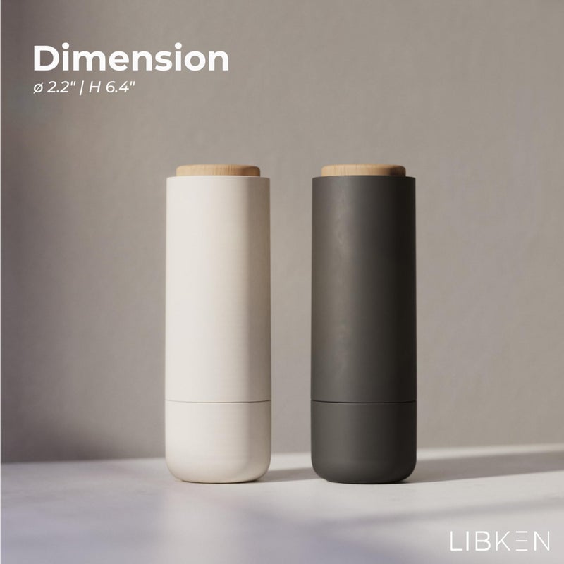 LIBKEN Non-Spill Salt and Pepper Grinder Set - Adjustable Ceramic Grinder - Minimalistic Spice Mill - Easy to Refill Condiments Dispenser - Wood & Soft-Coated Plastic - 6.2 x 2.2 inch (White & Grey) - Image 3
