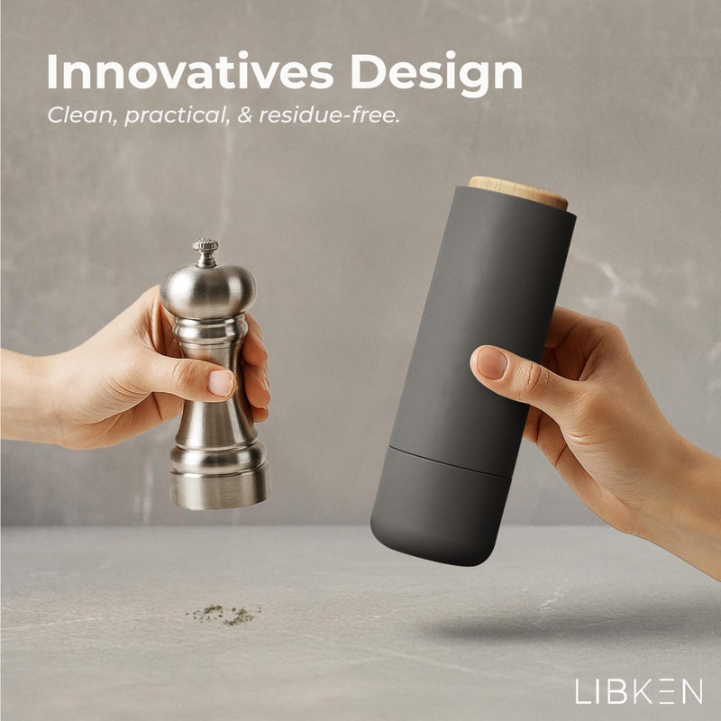 LIBKEN Non-Spill Salt and Pepper Grinder Set - Adjustable Ceramic Grinder - Minimalistic Spice Mill - Easy to Refill Condiments Dispenser - Wood & Soft-Coated Plastic - 6.2 x 2.2 inch (White & Grey) - Image 2