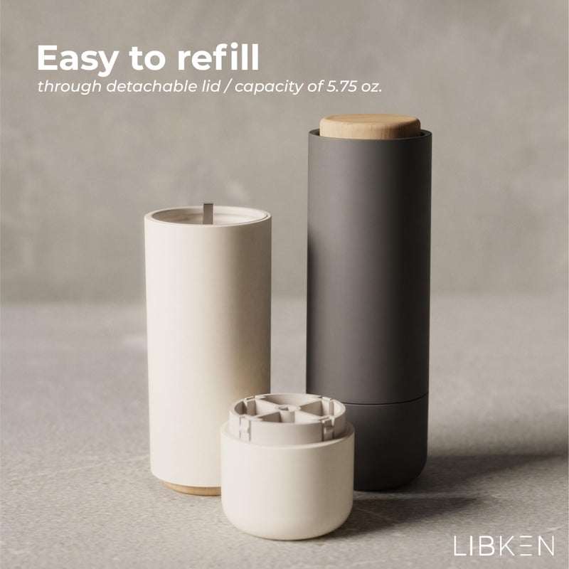 LIBKEN Non-Spill Salt and Pepper Grinder Set - Adjustable Ceramic Grinder - Minimalistic Spice Mill - Easy to Refill Condiments Dispenser - Wood & Soft-Coated Plastic - 6.2 x 2.2 inch (White & Grey) - Image 4