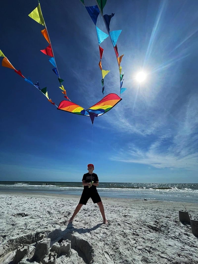 Honbo Large Delta Kite for Kids & Adults,Extremely Easy to Fly Kite for Beach Trip,String Line Included,with Colorful Colors Tail,Perfect for Beginners, - Image 4