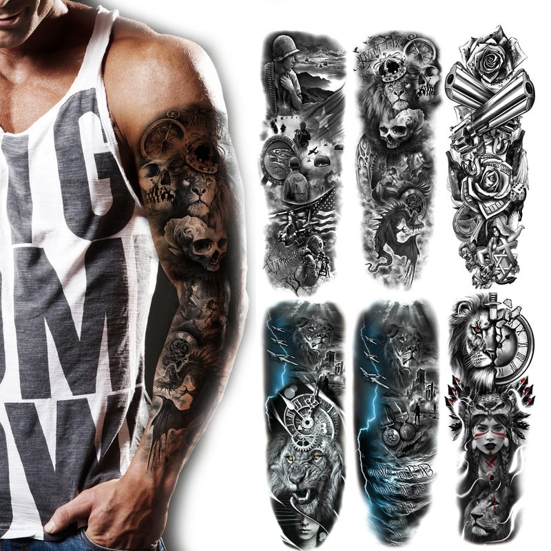 Kotbs 6 SheetsTribal Lion Forest Full Arm Temporary Tattoo Sleeves for Women Adults, Realistic Lion, Clock, and Skull Design, Fake Tattoo Sleeves for Cosplay, Halloween, and Festivals