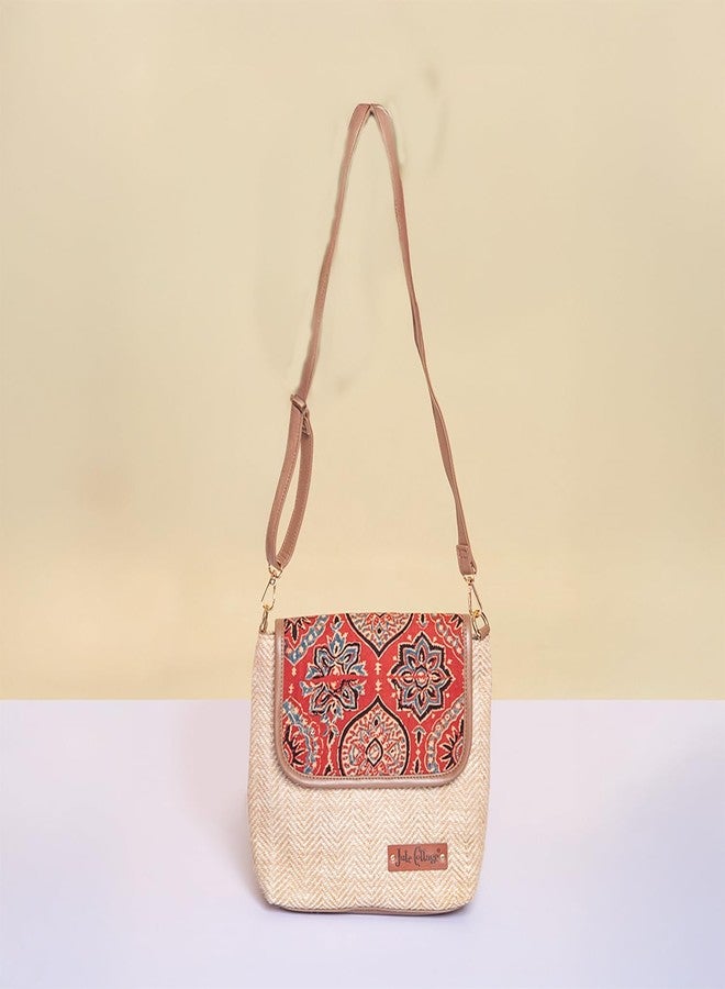 Jute Cottage Herringbone Ajrakh Sling Bag - (10”H x 12”L x 4" W) Maroon Artisan Handmade Crossbody Shoulder Bag for Women Lightweight Daily Use - Image 3