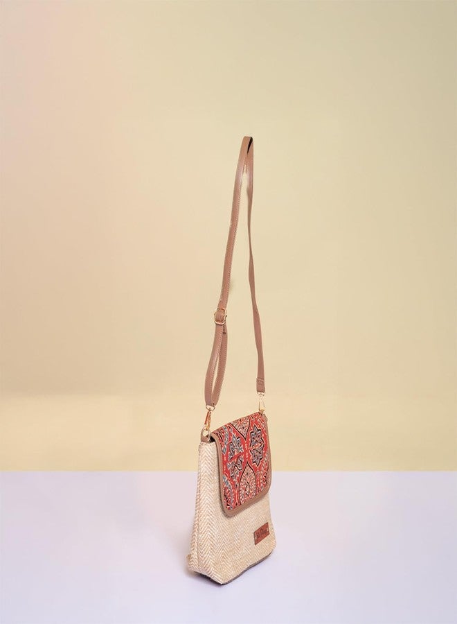 Jute Cottage Herringbone Ajrakh Sling Bag - (10”H x 12”L x 4" W) Maroon Artisan Handmade Crossbody Shoulder Bag for Women Lightweight Daily Use - Image 4