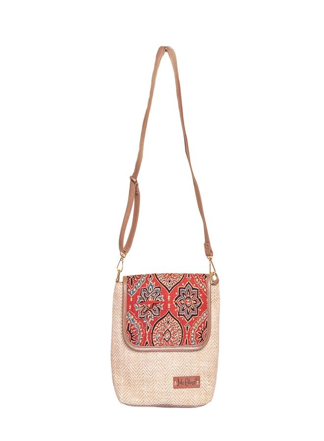 Jute Cottage Herringbone Ajrakh Sling Bag - (10”H x 12”L x 4" W) Maroon Artisan Handmade Crossbody Shoulder Bag for Women Lightweight Daily Use - Image 2