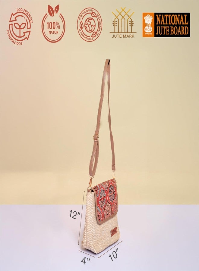 Jute Cottage Herringbone Ajrakh Sling Bag - (10”H x 12”L x 4" W) Maroon Artisan Handmade Crossbody Shoulder Bag for Women Lightweight Daily Use - Image 5