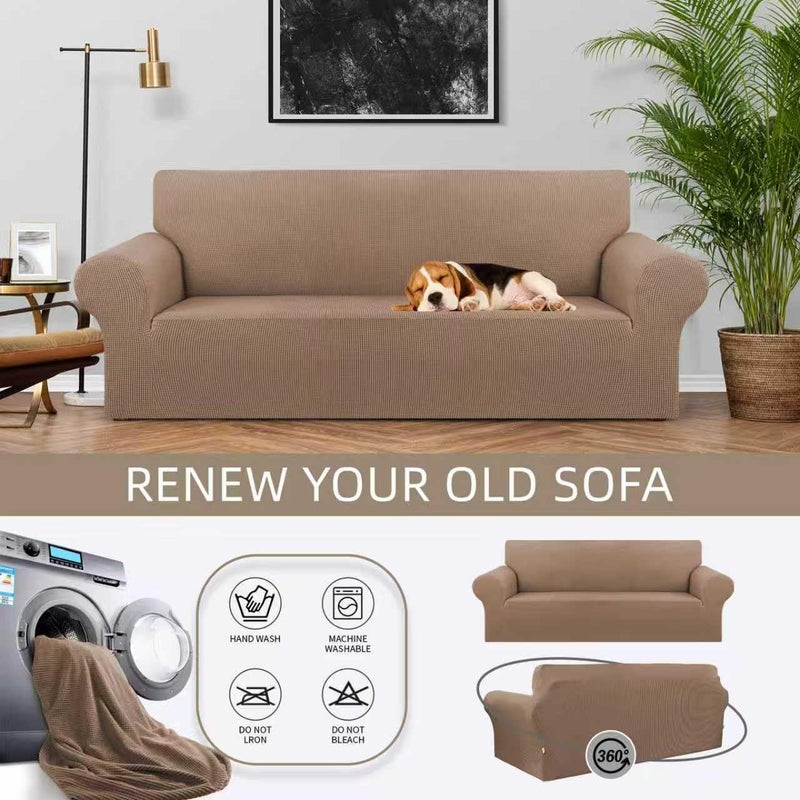 KEKUOU Stretch Sofa Cover Slipcover ï¼ŒCouch Covers for 3 Cushion Couch Sofa pet Friendly (78"-94") Furniture Protector Sofa with Elastic Bottom for Kids,Dog, Jacquard Small Checked(Large,Camel) - Image 3