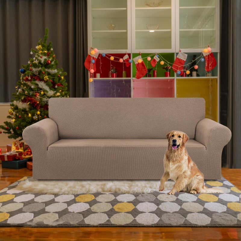 KEKUOU Stretch Sofa Cover Slipcover ï¼ŒCouch Covers for 3 Cushion Couch Sofa pet Friendly (78"-94") Furniture Protector Sofa with Elastic Bottom for Kids,Dog, Jacquard Small Checked(Large,Camel) - Image 2